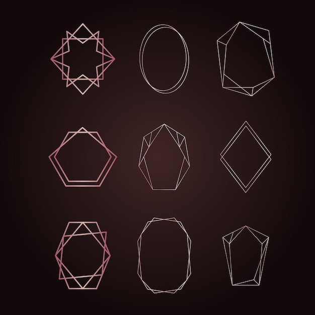 Conjunto de marcos delgados de oro rosa con bordes geométricos dorados rosados con radiancia lineal delgada con forma rectangular