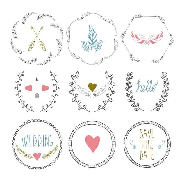 Conjunto de marcos dibujados a mano con elementos decorativos de bodas