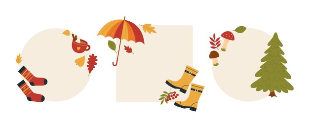 Conjunto de marcos con elementos de otoño Marcos redondos y cuadrados Cuadros de texto de la temporada de otoño