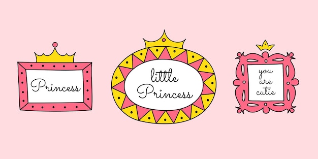 Conjunto de marcos de espejo con pequeñas coronas Vector dibujado a mano elementos de garabateo marcos para pequeñas princesas