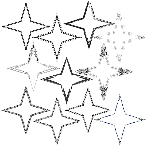 Conjunto de marcos de estrellas Formas decorativas geométricas Vector creativo abstracto Contorno blanco y negro