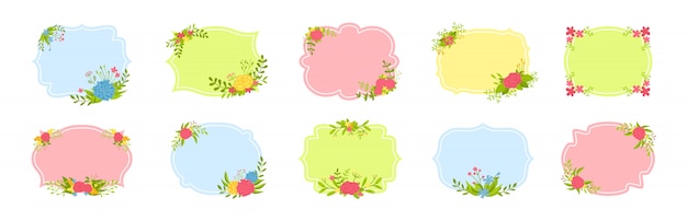 Conjunto de marcos de etiquetas. Composición floral decorada, rama de flores y hojas. Colección de cuadros decorativos coloridos planos de dibujos animados