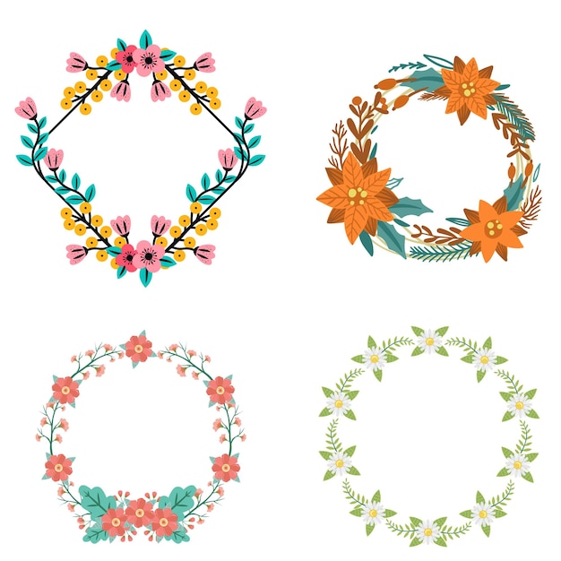 Conjunto de marcos florales coloridos Coronas redondas y cuadradas de flores y hojas Ilustración plana vectorial