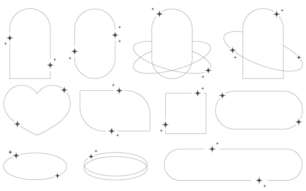 Vector conjunto de marcos y formas de líneas abstractas estéticas geométricas con estrellas estilo boho brutalismo y2k