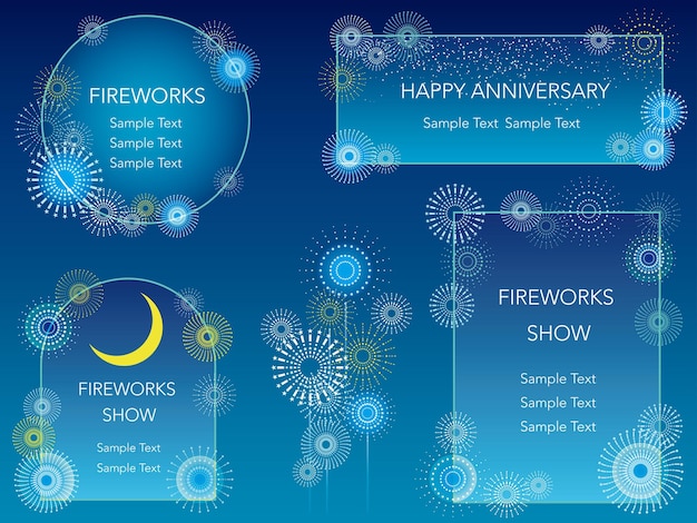 Conjunto de marcos de fuegos artificiales con espacio de texto sobre un fondo azul oscuro Ilustración vectorial