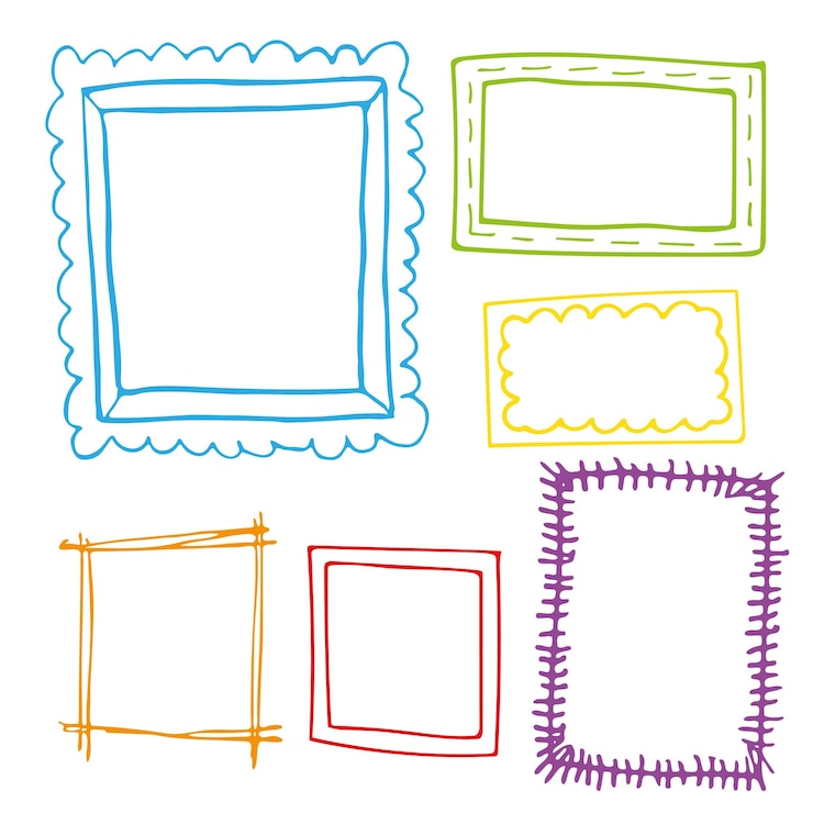 Vector conjunto de marcos de garabatos dibujados a mano, cuadrados, elementos de diseño de bordes vectoriales.
