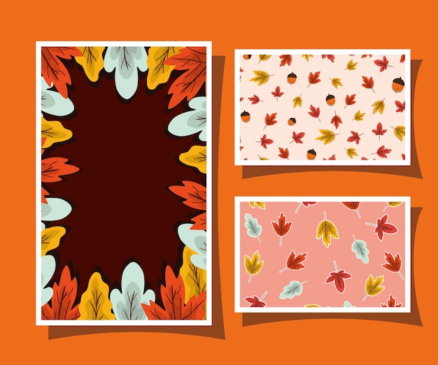 Conjunto de marcos con hojas de otoño sobre diseño de fondo naranja, tema de temporada