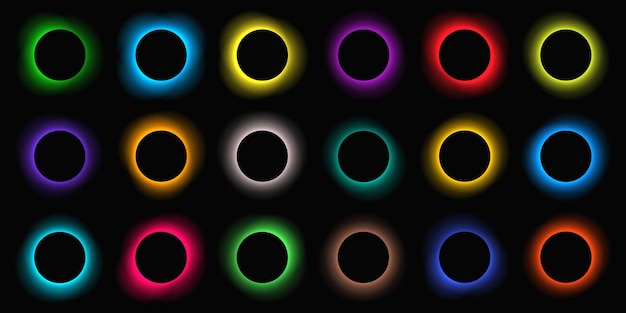 Conjunto de marcos de luz iluminados por círculos con gradiente de color