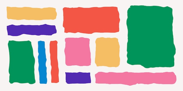 Conjunto de marcos multicolores de diferentes formas y tamaños hechos de rectángulos de papel rasgados con bordes dentados aislados sobre fondo blanco