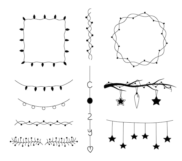 Vector conjunto de marcos navideños de garabatos, guirnaldas, bordes aislados. elementos de esquema dibujados a mano para año nuevo