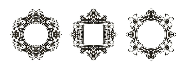Conjunto de marcos negros decorados con flores