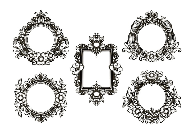 Conjunto de marcos negros decorados con flores