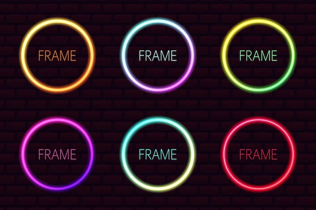 Conjunto de marcos de neón vectorial Iluminación en colores azul amarillo rojo verde y púrpura Círculos de neón brillantes en estilo futurista
