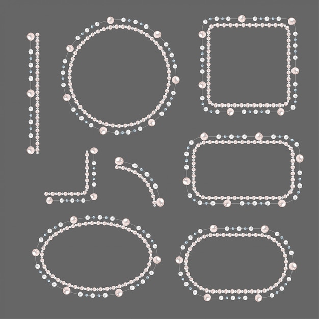 Conjunto de marcos de perlas aislados. vector de bordes y esquinas. crema de perlas.