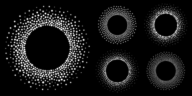Conjunto de marcos de puntos circulares de semitono blanco. Puntos circulares aislados en el fondo blanco. Elemento de diseño de logotipo para tratamiento médico, cosmético. Borde redondo con textura de puntos de círculo de semitono. Vector