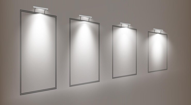 Vector un conjunto de marcos que pesan en la pared marco para la imagen marco rectangular rectangular y la lámpara en la ilustración de vector de pared