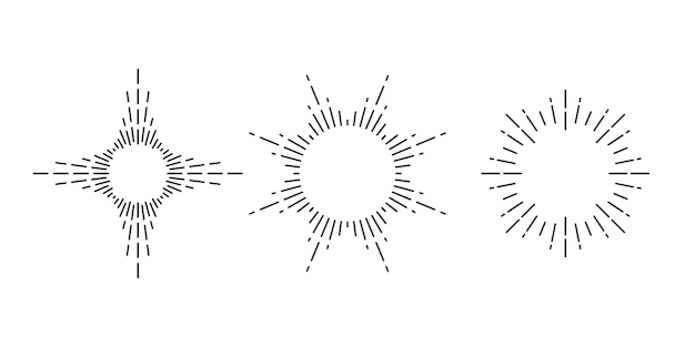 Vector conjunto de marcos de rayos de sol retro colección de rayos de luz solar vintage rayos radiales de sol estilizado rayos de sol