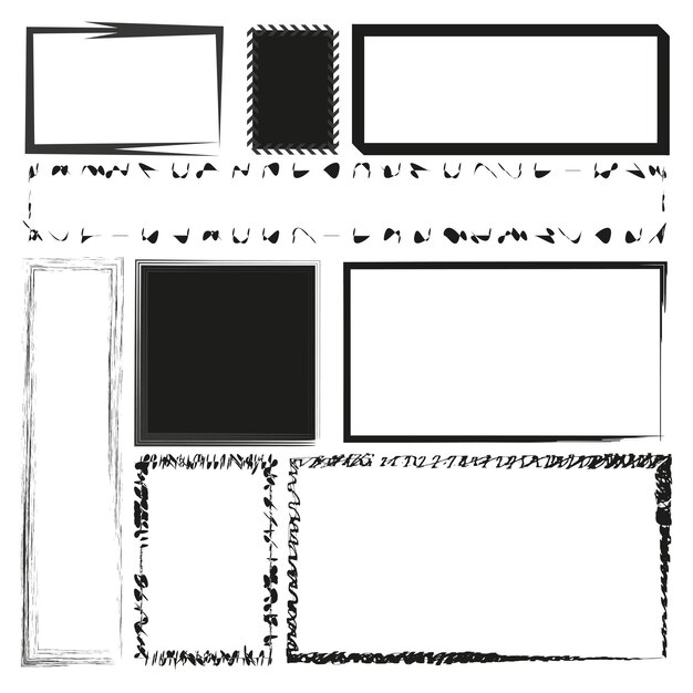 Conjunto de marcos rectangulares Fronteras de contorno negro Estilo dibujado a mano Ilustración vectorial