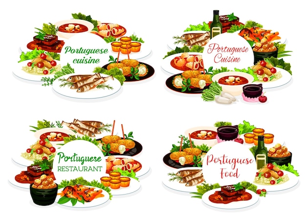 Conjunto de marcos redondos de comidas de menú de restaurante portugués