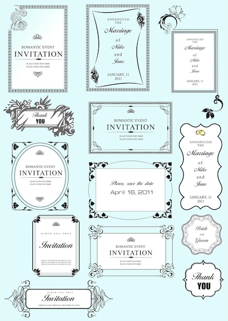 Conjunto de marcos vectoriales ornamentados y adornos con texto de muestra Perfecto como invitación o anuncio Todas las piezas están separadas Fácil de cambiar colores y editar