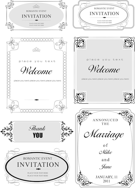 Conjunto de marcos vectoriales ornamentados y adornos con texto de muestra Perfecto como invitación o anuncio Todas las piezas están separadas Fácil de cambiar colores y editar