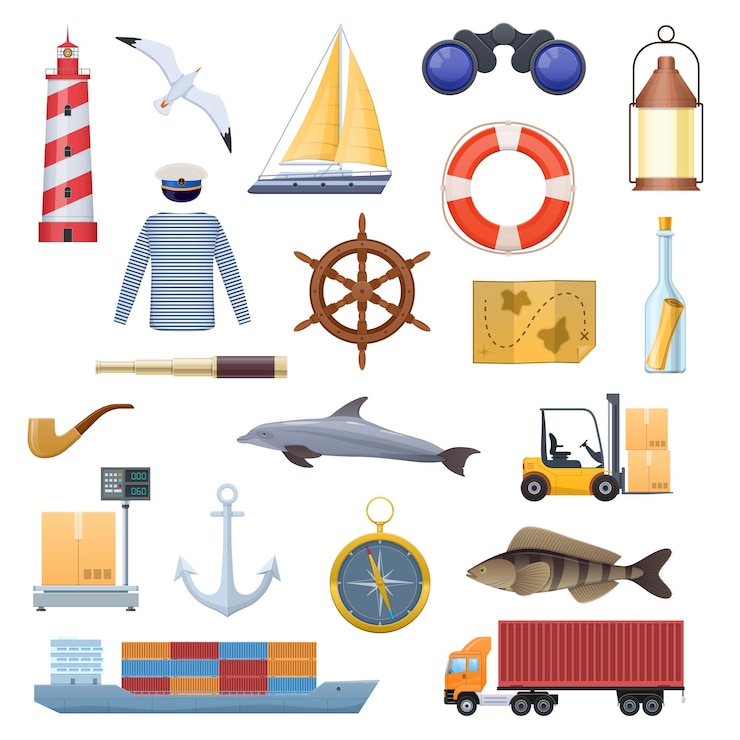 Vector conjunto marino de logos de iconos de objetos