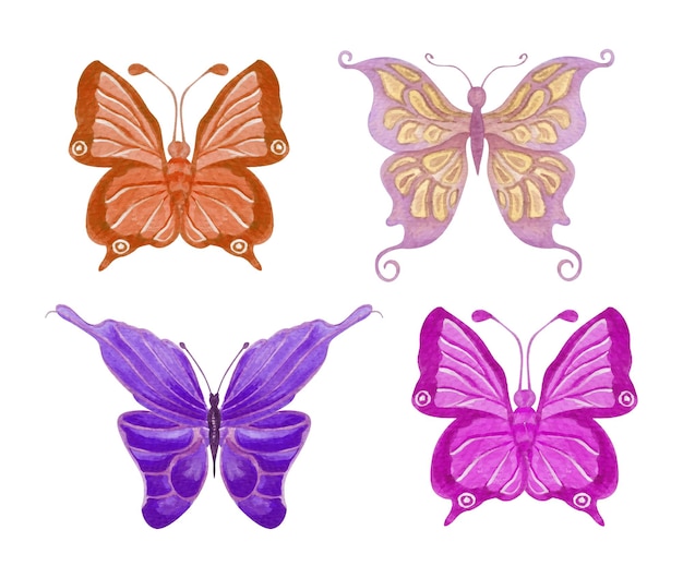 Conjunto de mariposas de acuarela de varios colores pintados a mano