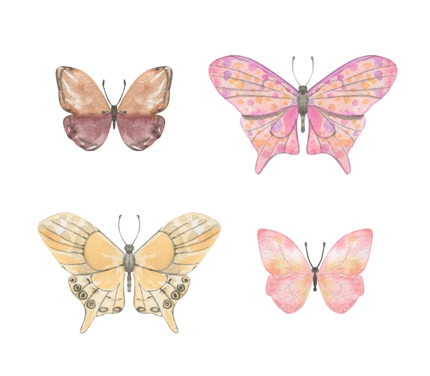 Conjunto de mariposas acuarelas en color rosa.