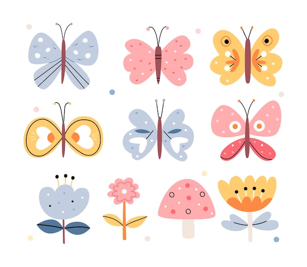 Vector conjunto de mariposas al estilo folclórico escandinavo mariposas multicolores flores y setos