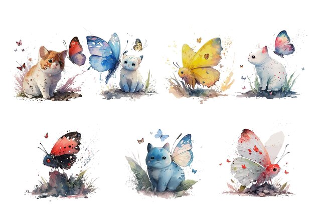 Conjunto con mariposas y animales en estilo acuarela Ilustración vectorial aislada