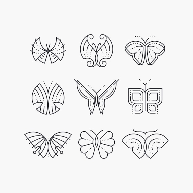 Conjunto de mariposas de línea vacía. esquema gráfico monocromático iconos de moda, logotipos, marcas.