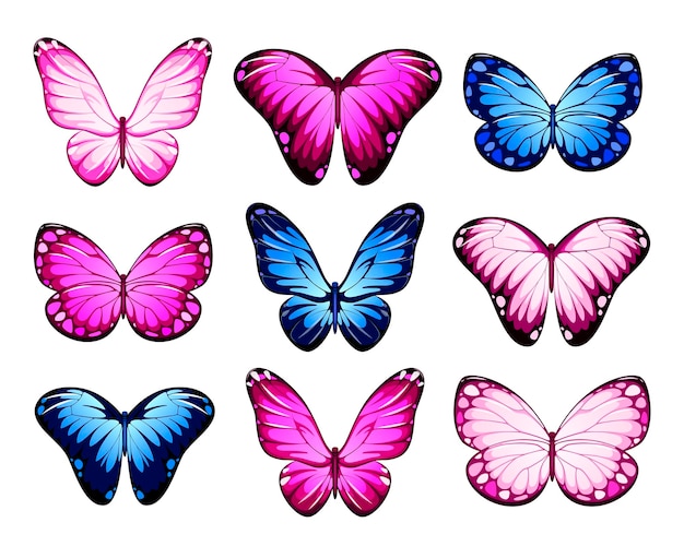 Vector un conjunto de mariposas sobre un fondo blanco.