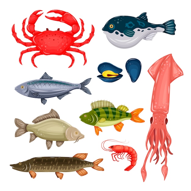 Vector conjunto de mariscos con cangrejo, pescado, mejillón y camarones aislados sobre fondo blanco. criaturas marinas en estilo plano.