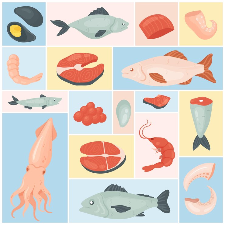Vector conjunto de mariscos para el menú orgánico del restaurante colección de ingredientes de alimentos marinos crudos frescos