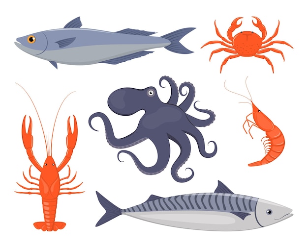 Conjunto de mariscos Salmón cangrejo langosta pulpo camarones caballa en estilo plano Iconos de pescado y marisco para el menú del restaurante Ilustración vectorial