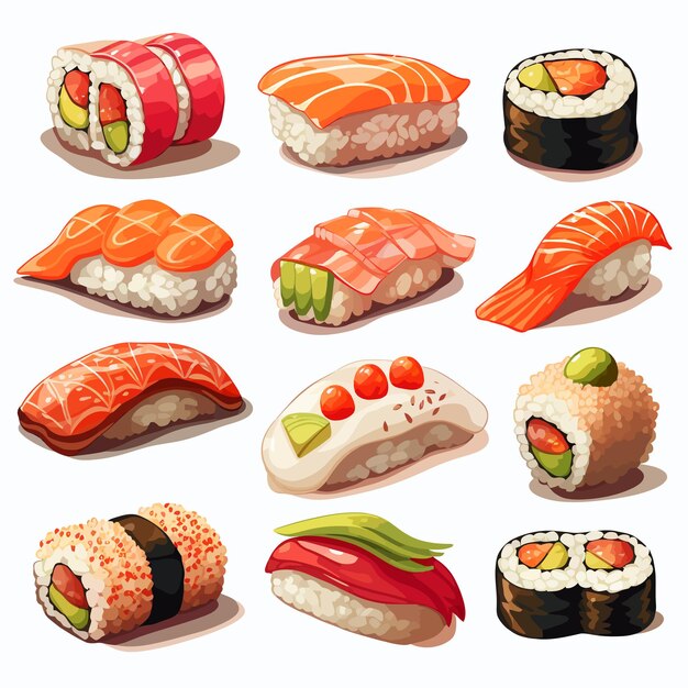 Vector conjunto de mariscos sushi ikura sushi tobiko