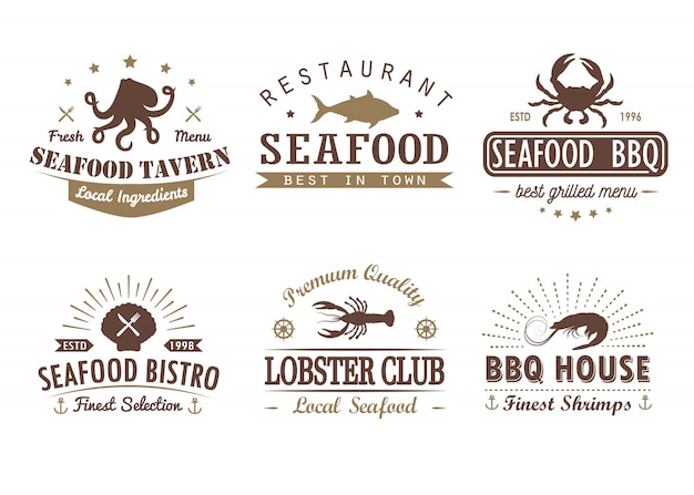 Conjunto de mariscos vintage, barbacoa, plantillas de logotipo de parrilla, insignias y elementos de diseño