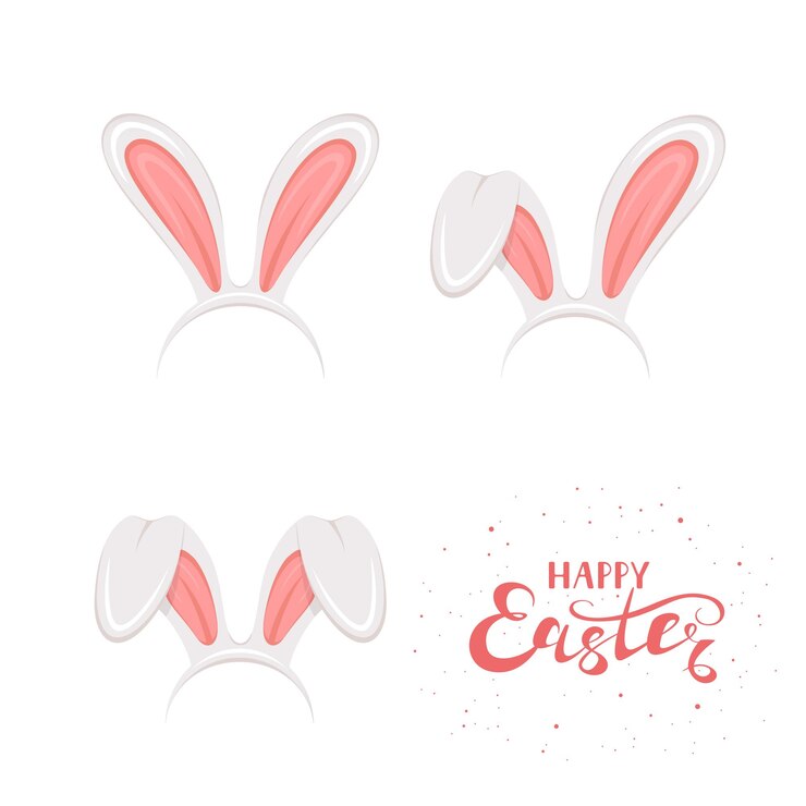 Conjunto de máscara de Pascua con conejo rosa o orejas de conejo aisladas sobre fondo blanco Letras Feliz Pascua ilustración