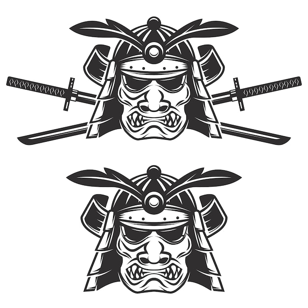 Conjunto de la máscara de samurai con espadas cruzadas sobre fondo blanco. elementos para, etiqueta, emblema, signo, marca. ilustración.