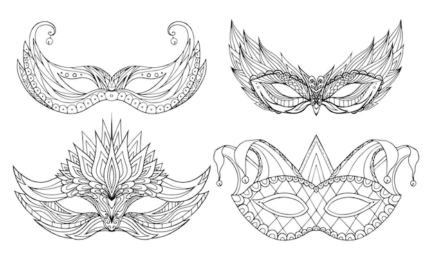 Conjunto de máscaras de cara dibujadas a mano para el Festival de Mardi Gras
