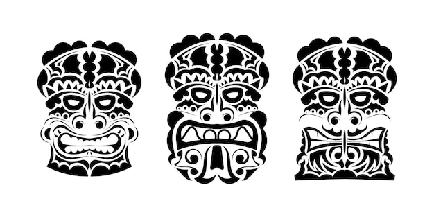 Conjunto de máscaras en el estilo ornamental maorí polinesio o patrones tribales hawaianos bueno para estampados tatuajes y camisetas ilustración vectorial aislada
