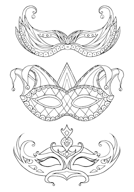 Conjunto de máscaras faciales de doodle dibujadas a mano Festival Mardi Gras mascarada