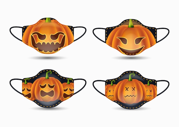 Vector conjunto de mascarilla de tela con calabaza realista halloween