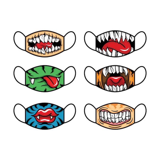 Conjunto de mascarilla de tela. concepto de boca y lengua. ilustración vectorial.