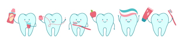 Conjunto de mascota dental de dibujos animados de dientes personaje de dientes de ortodoncia limpieza bucal concepto de higiene bucal