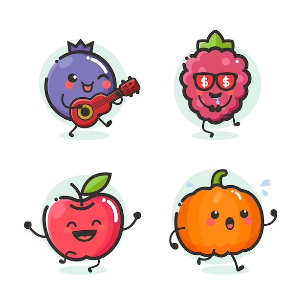 Conjunto de mascota de dibujos animados de frutas en emoción de acción diferente