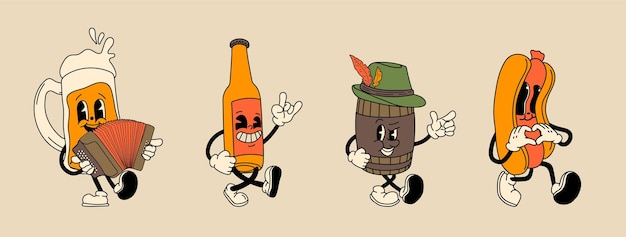 Conjunto de la mascota retro Beer Hot Dog personaje de los años 40 años 50 años 60 años estilo de animación vieja mascota del Oktoberfest