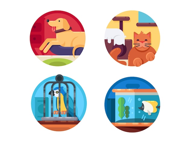 Conjunto de mascotas. Perro y gato, loro y pez. Ilustración vectorial. Pixel perfect iconos