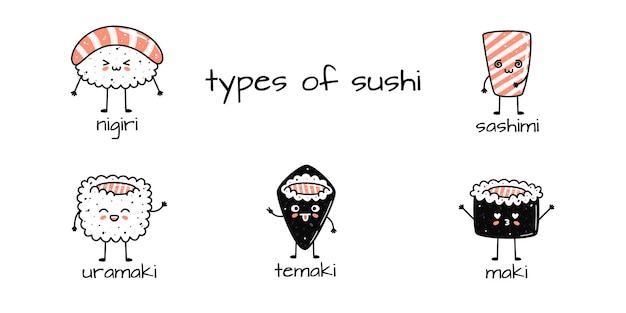 Conjunto de mascotas de sushi kawaii en estilo de dibujos animados Diferentes tipos de sushi