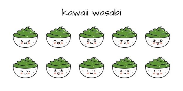 Conjunto de mascotas de sushi kawaii wasabi bowl en estilo de dibujos animados